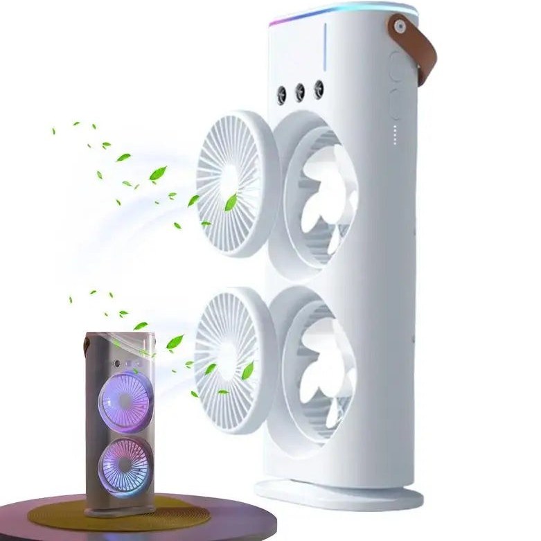 کولر شارژی رومیزی مه پاش دارای ریموت قابل تنظیم (اورجینال) دو فن ،پنکه شارژی مه پاش (عمده تماس)